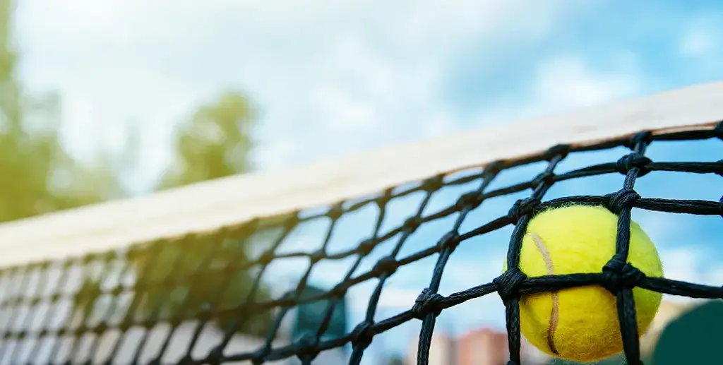 Une balle de tennis jaune est prise dans le filet noir d'un court de tennis, sur fond flou d'arbres et de ciel nuageux, évoquant une certaine tension